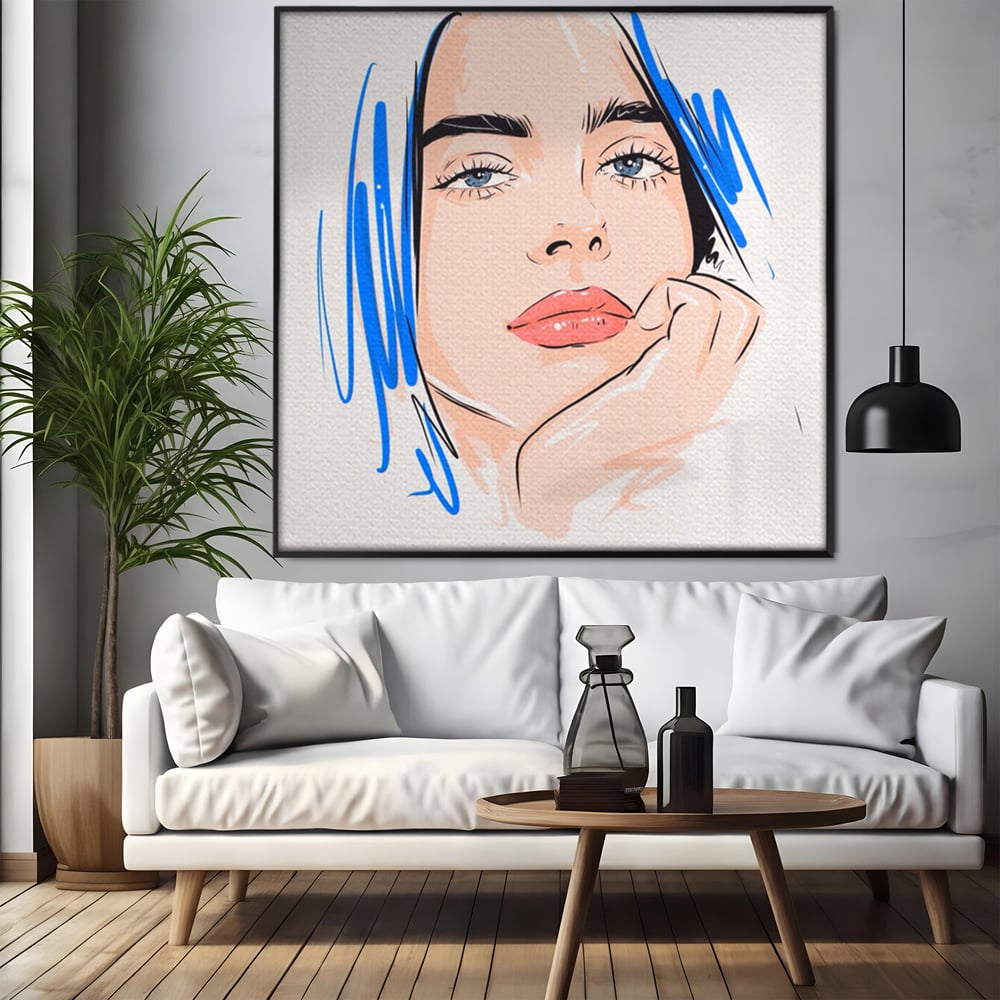 Tablou canvas cu ilustratie portret fata visatoare, in rama de aluminiu negru, pe perete intr-un living